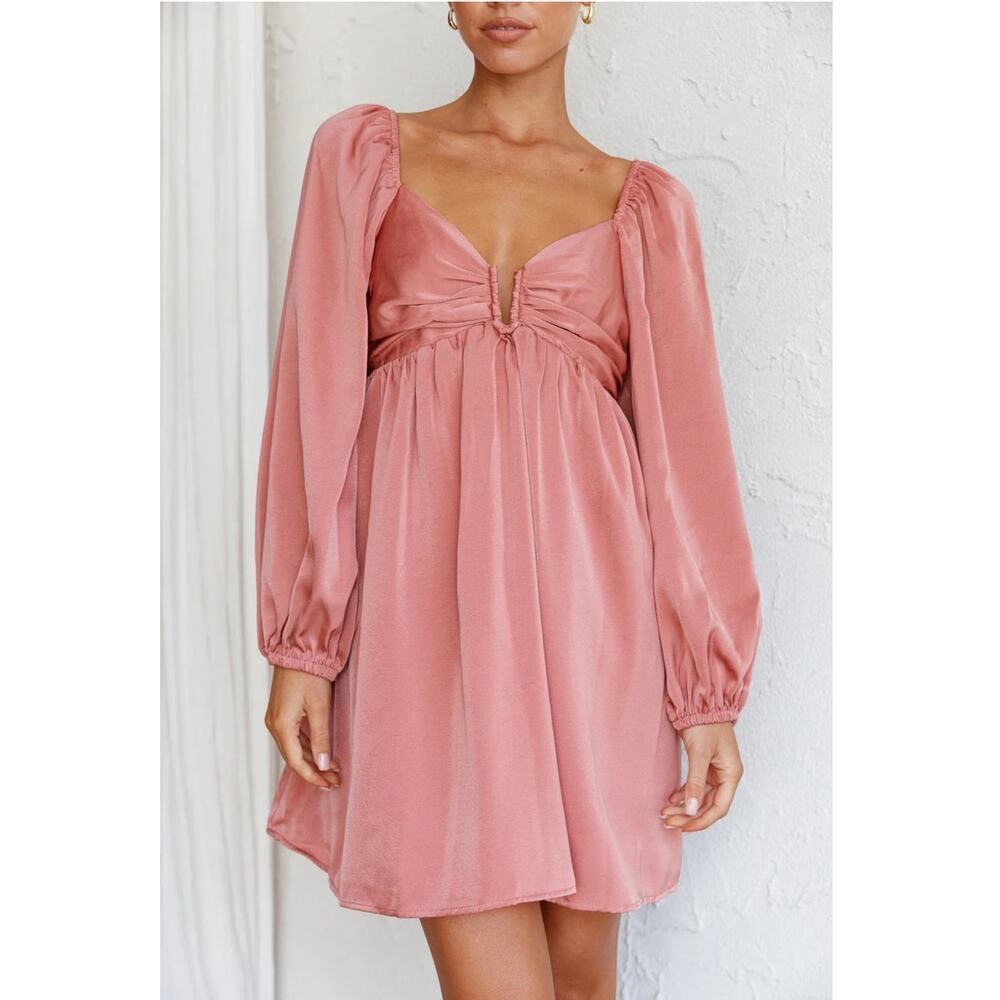 The Post Satin Long Sleeve Mini Dress Lace-Up Back Coquette Pink Party L